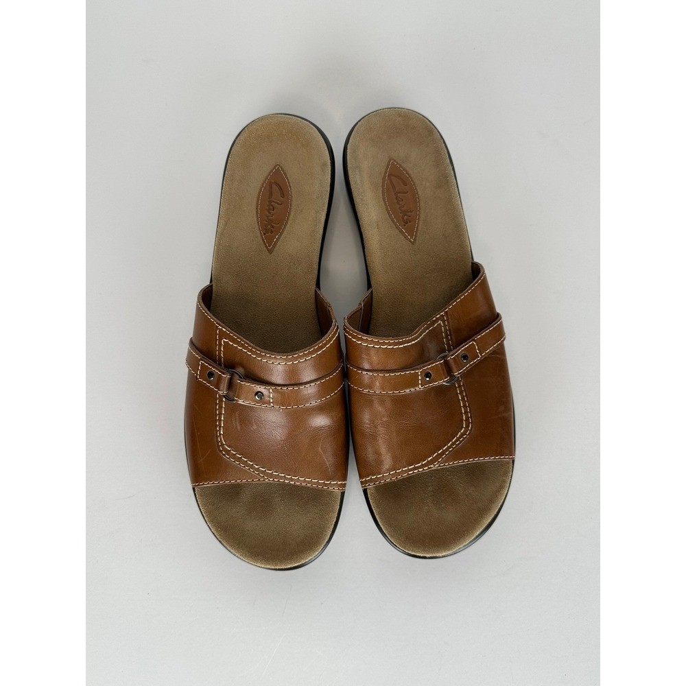 Clarks Women's Brown Leather Slip On Sandals Size 8.5M Boho Comfort Cushioned